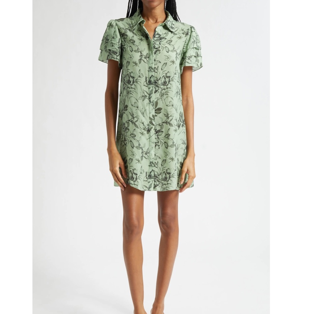 Alice And Olivia Jem Mini Shirt Dress Size XS Short Sleeve In Mystic Garden Sage